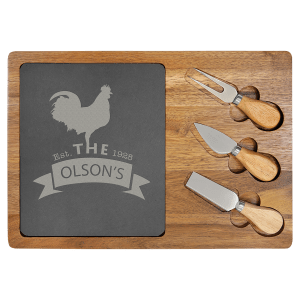 Custom Acacia Wood/Slate Rectangle Cheese Set with Three Tools