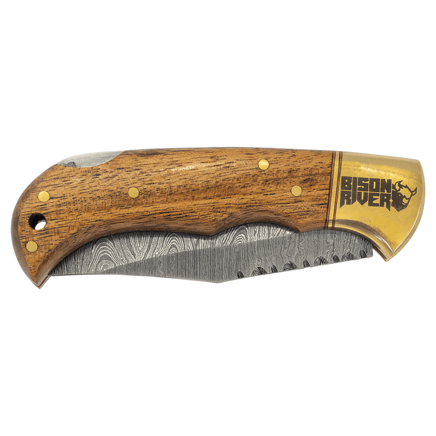 Custom 3 3/4" Wood Folding Knife with Damascus Steel Blade and Leather Sheath