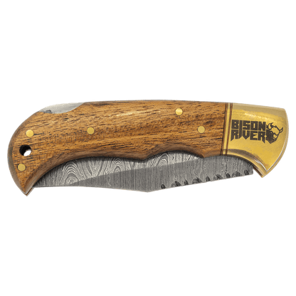 Custom 3 3/4" Wood Folding Knife with Damascus Steel Blade and Leather Sheath