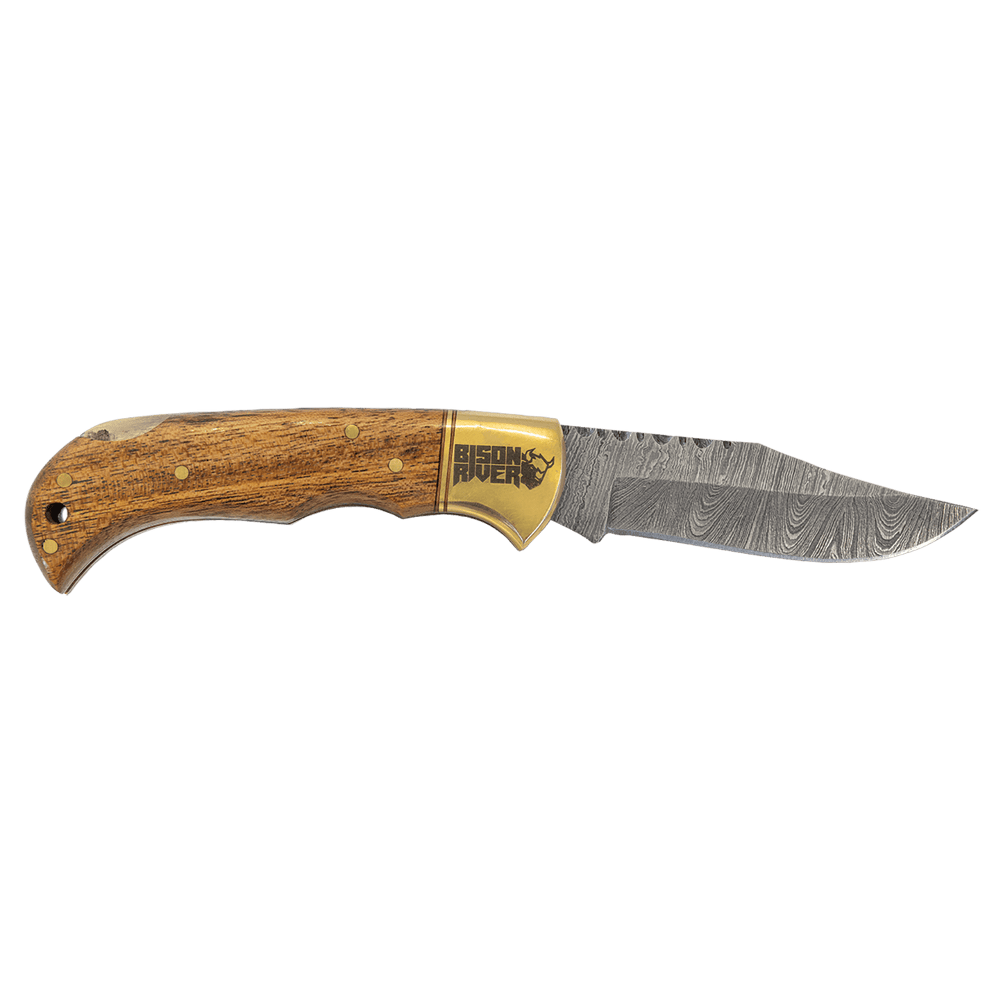 Custom 3 3/4" Wood Folding Knife with Damascus Steel Blade and Leather Sheath