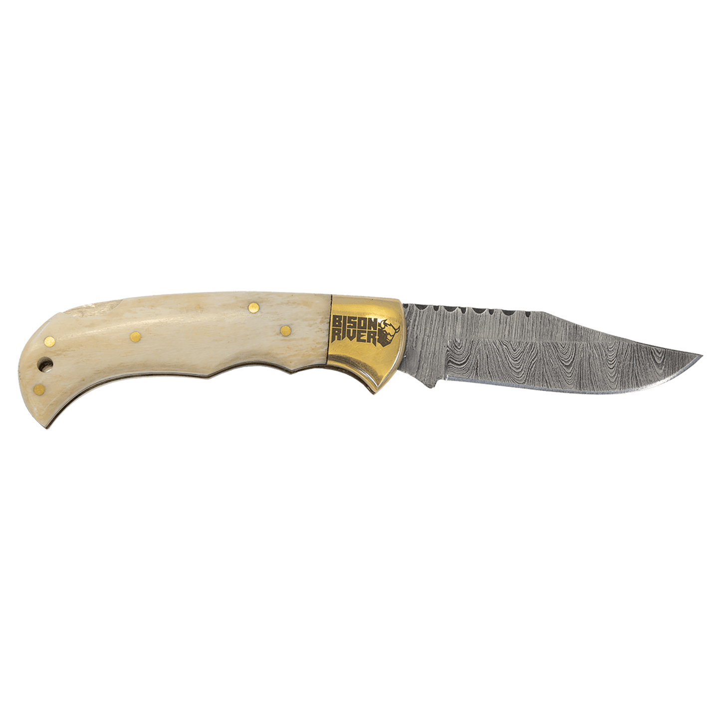 Custom 3 3/4" Bone Folding Knife with Damascus Steel Blade and Leather Sheath