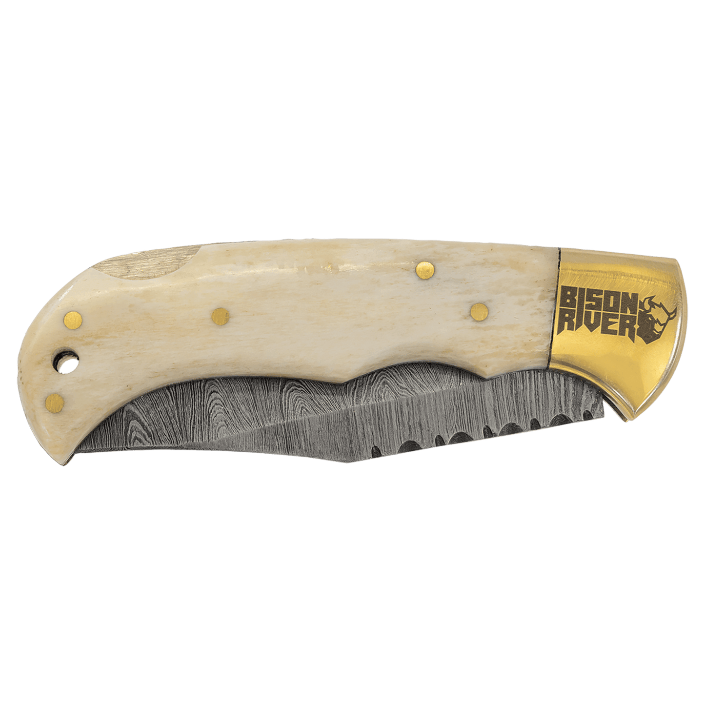 Custom 3 3/4" Bone Folding Knife with Damascus Steel Blade and Leather Sheath