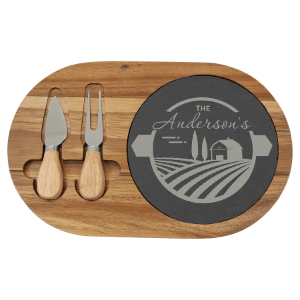 Custom Acacia Wood/Slate Oval Cheese Set